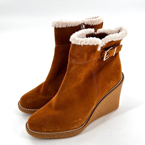 Franco Sarto Ulayna Ankle Bootie 10 NWOT Wedge Heel Tan Suede Boots Sherpa - Picture 5 of 11